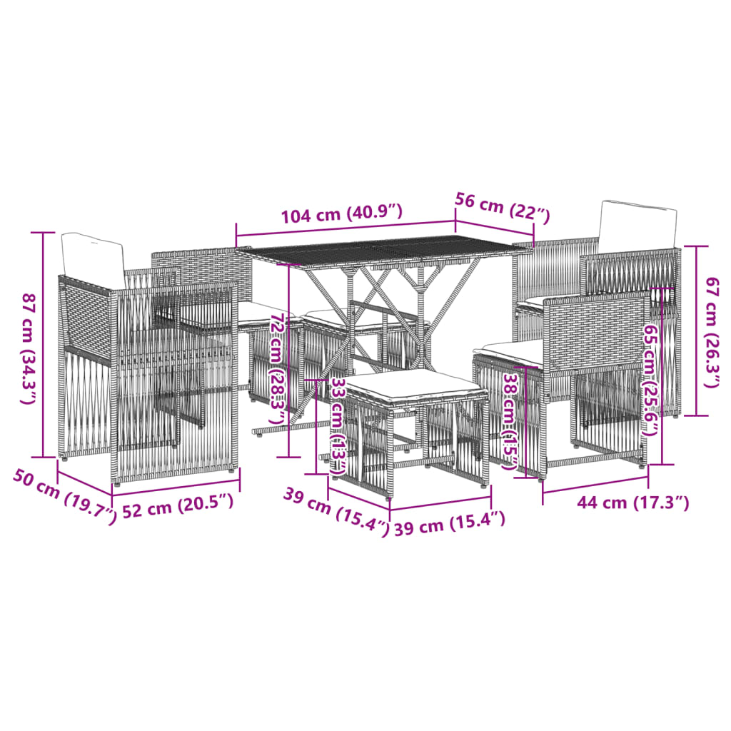 7-delige tuineetset met kussens zwart poly rattan – afbeelding 12