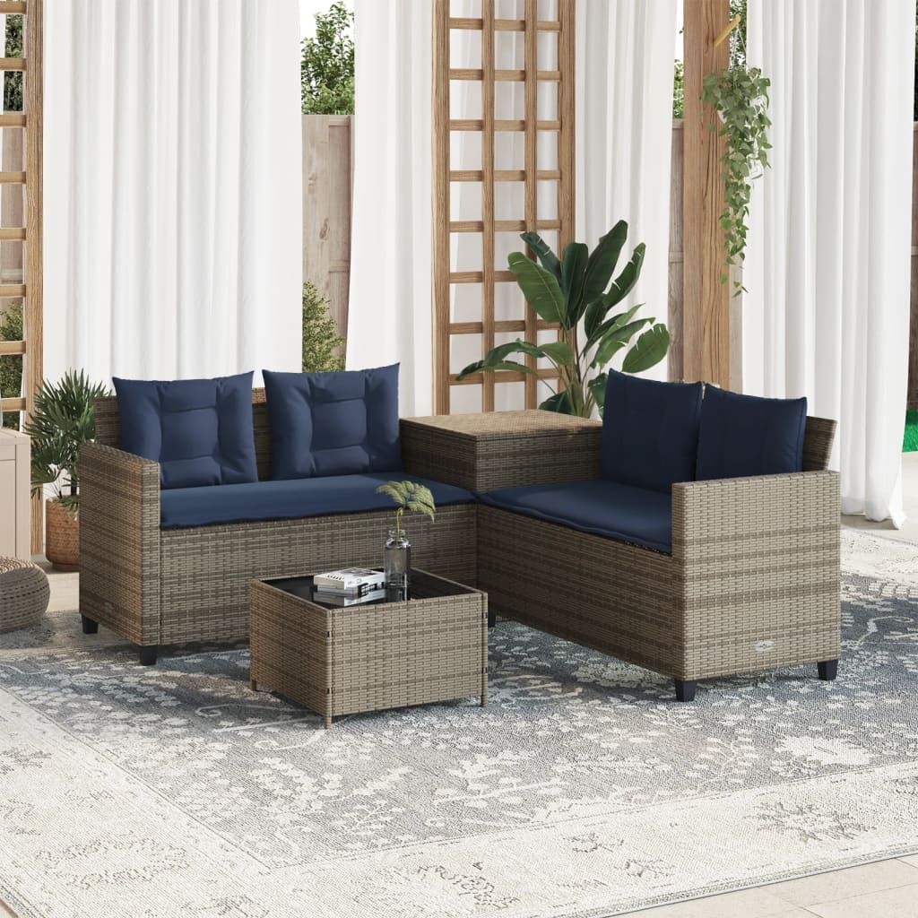 Tuinbank met tafel en kussens L-vormig grijs poly rattan – afbeelding 1