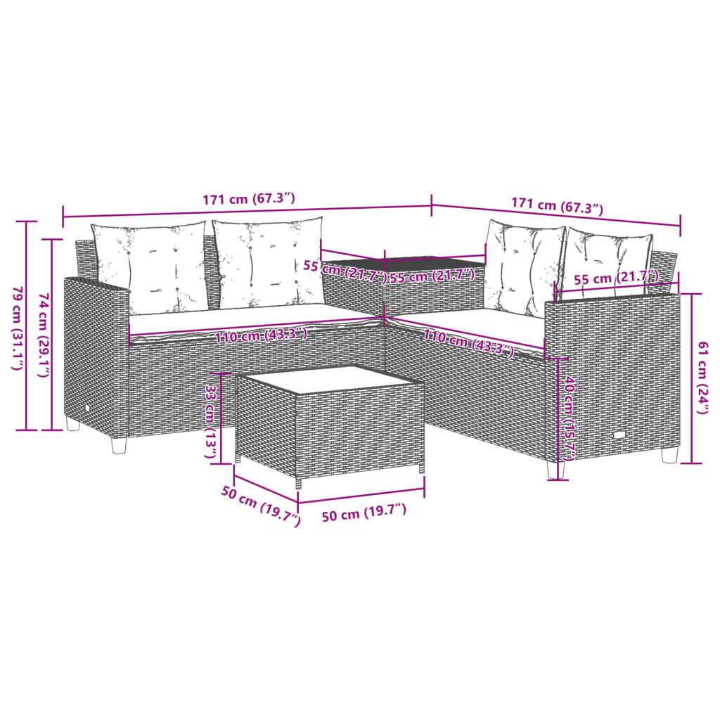 Tuinbank met tafel en kussens L-vormig grijs poly rattan – afbeelding 12