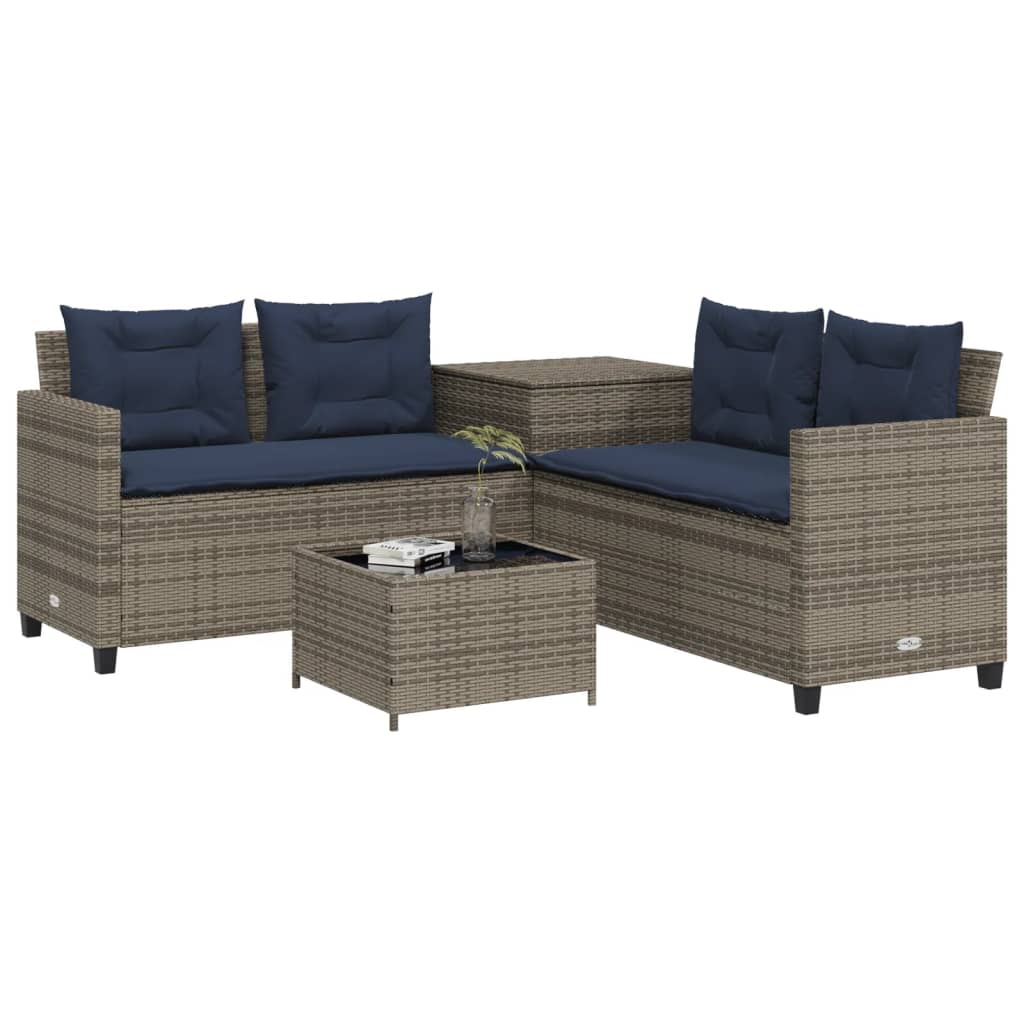 Tuinbank met tafel en kussens L-vormig grijs poly rattan – afbeelding 3
