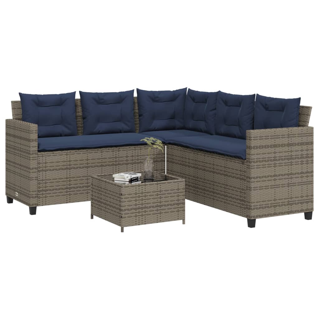 Tuinbank met tafel en kussens L-vormig grijs poly rattan – afbeelding 1