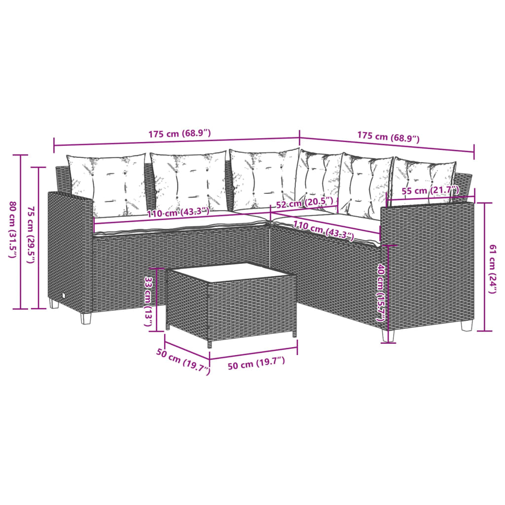 Tuinbank met tafel en kussens L-vormig grijs poly rattan – afbeelding 11