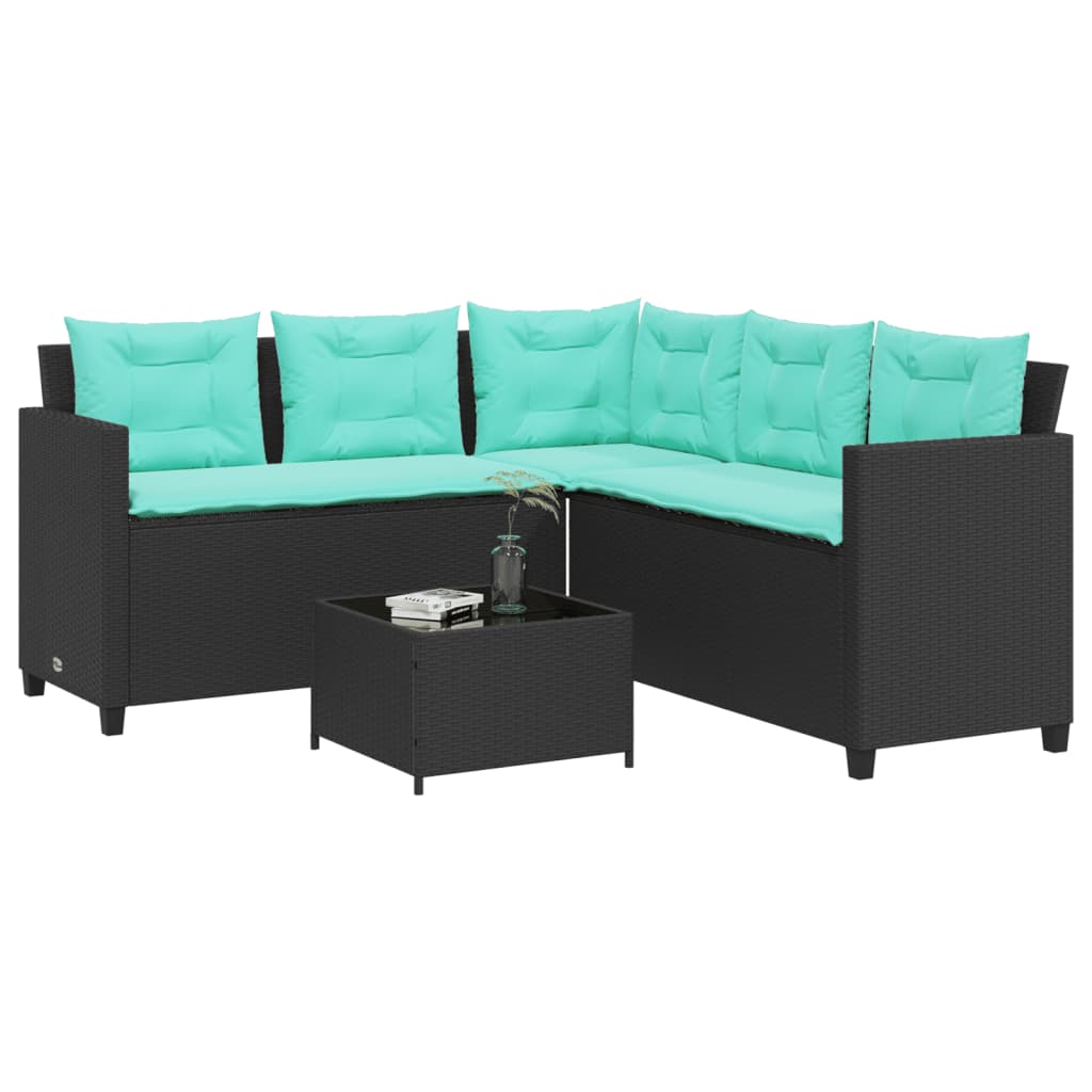 Tuinbank met tafel en kussens L-vormig zwart poly rattan – afbeelding 1