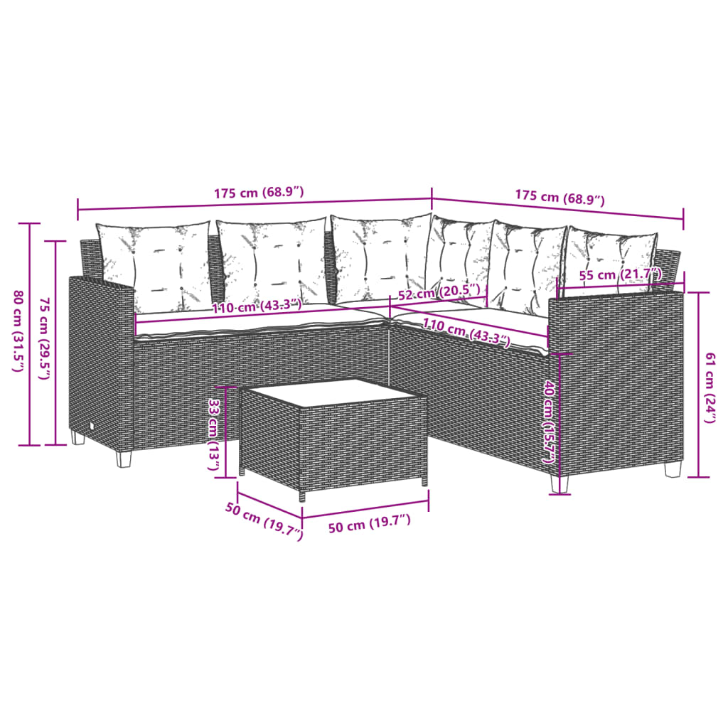 Tuinbank met tafel en kussens L-vormig zwart poly rattan – afbeelding 11