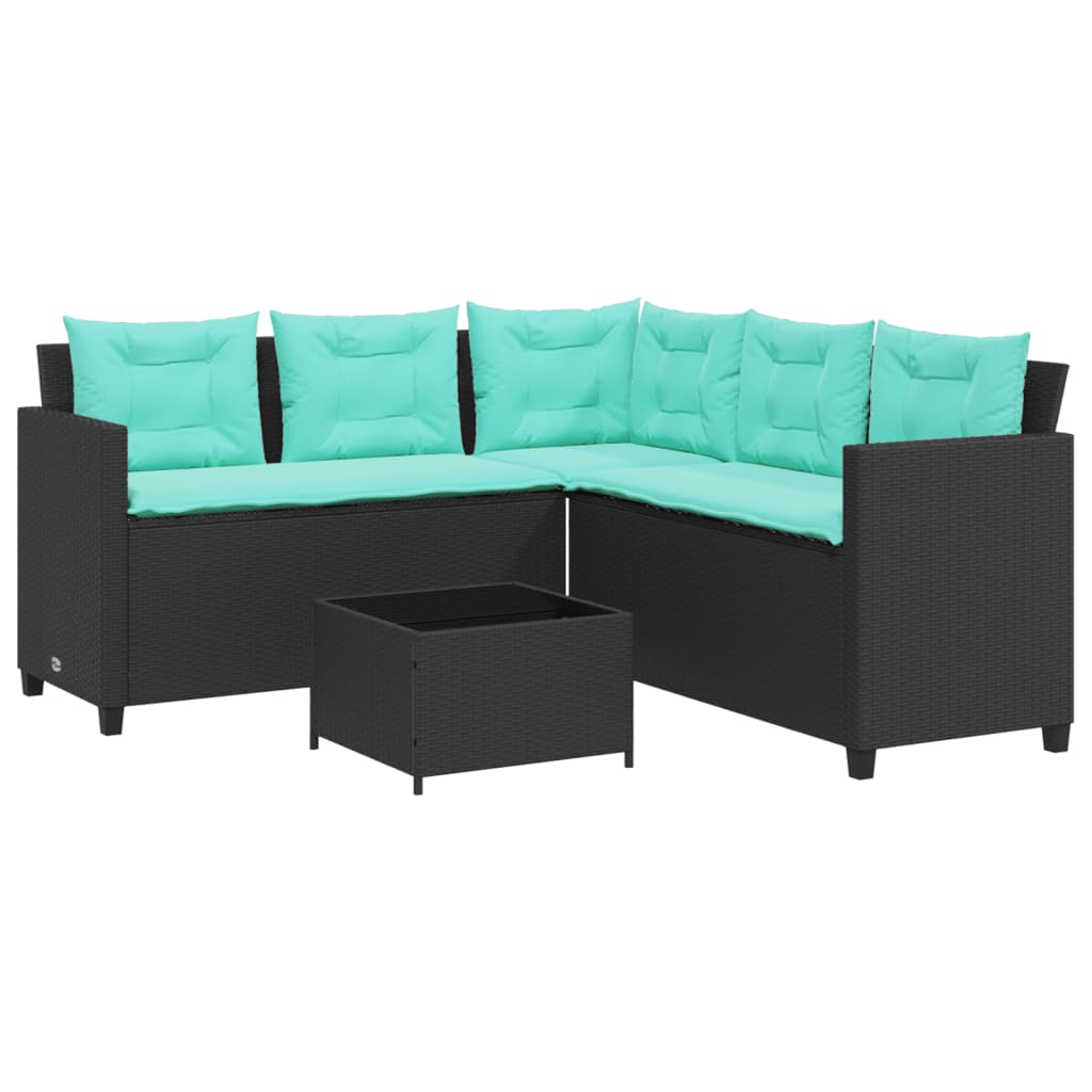 Tuinbank met tafel en kussens L-vormig zwart poly rattan – afbeelding 2