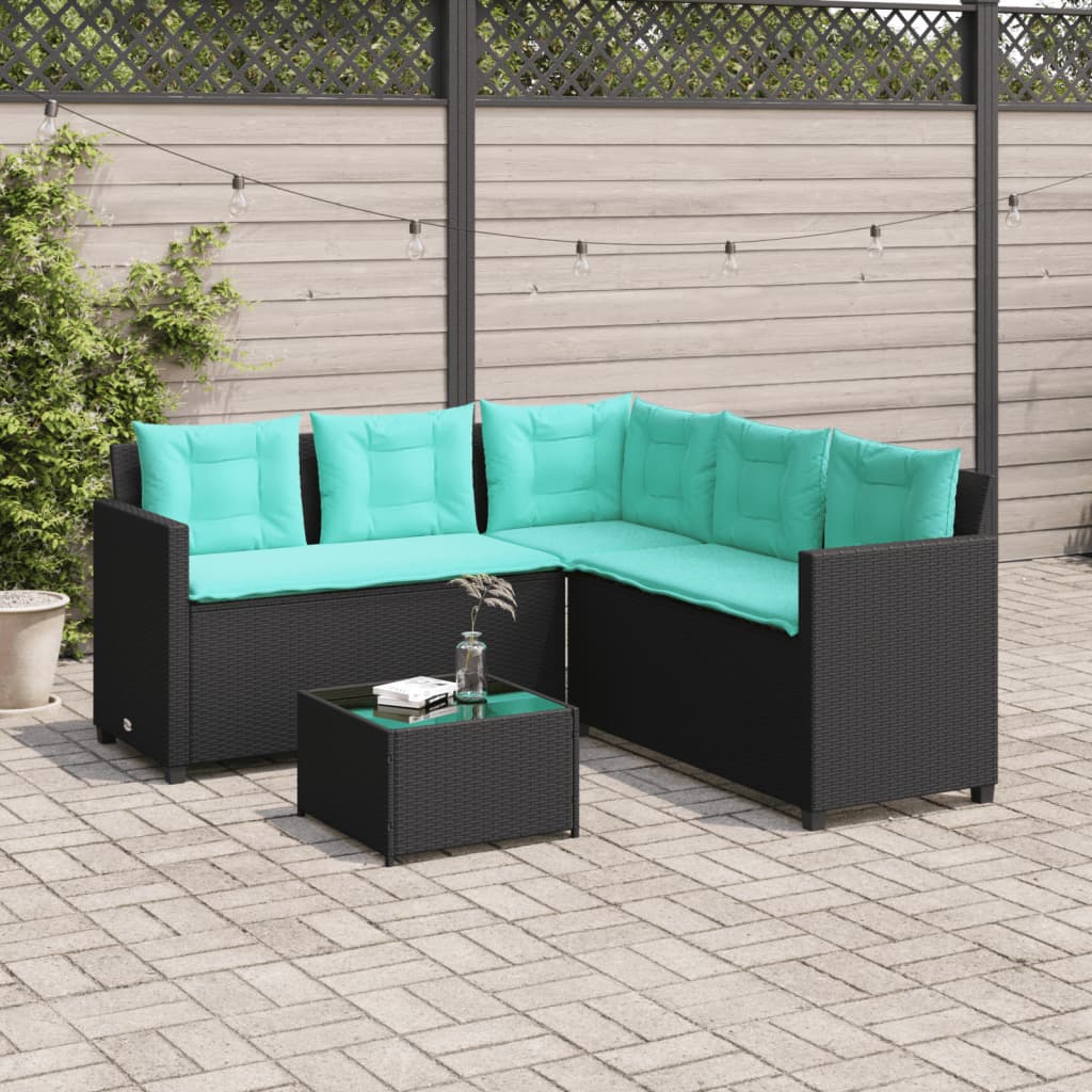 Tuinbank met tafel en kussens L-vormig zwart poly rattan – afbeelding 3