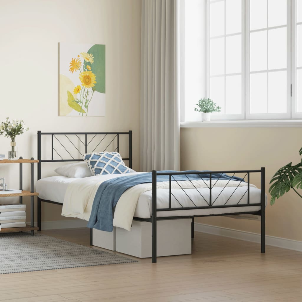 Bedframe met hoofd- en voeteneinde metaal zwart 107x203 cm – afbeelding 1