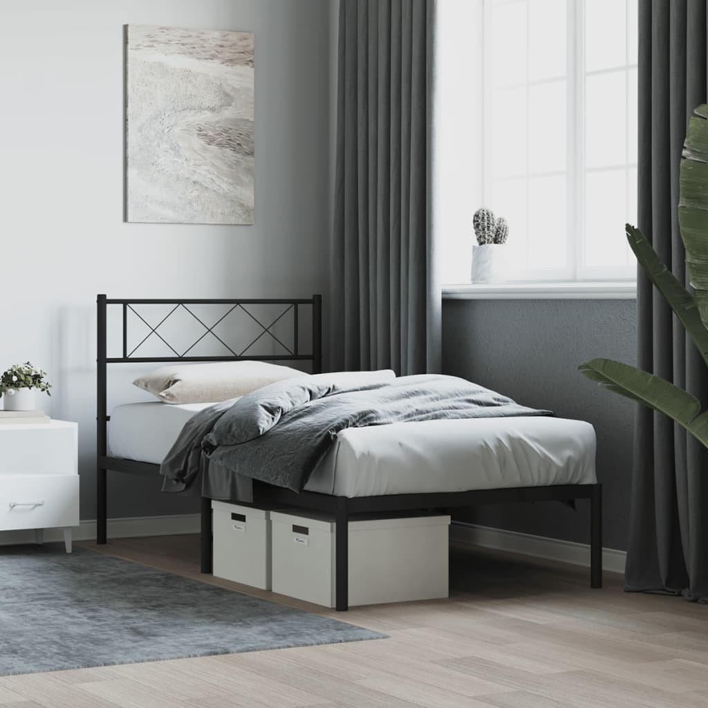 Bedframe met hoofdbord metaal zwart 107x203 cm – afbeelding 1