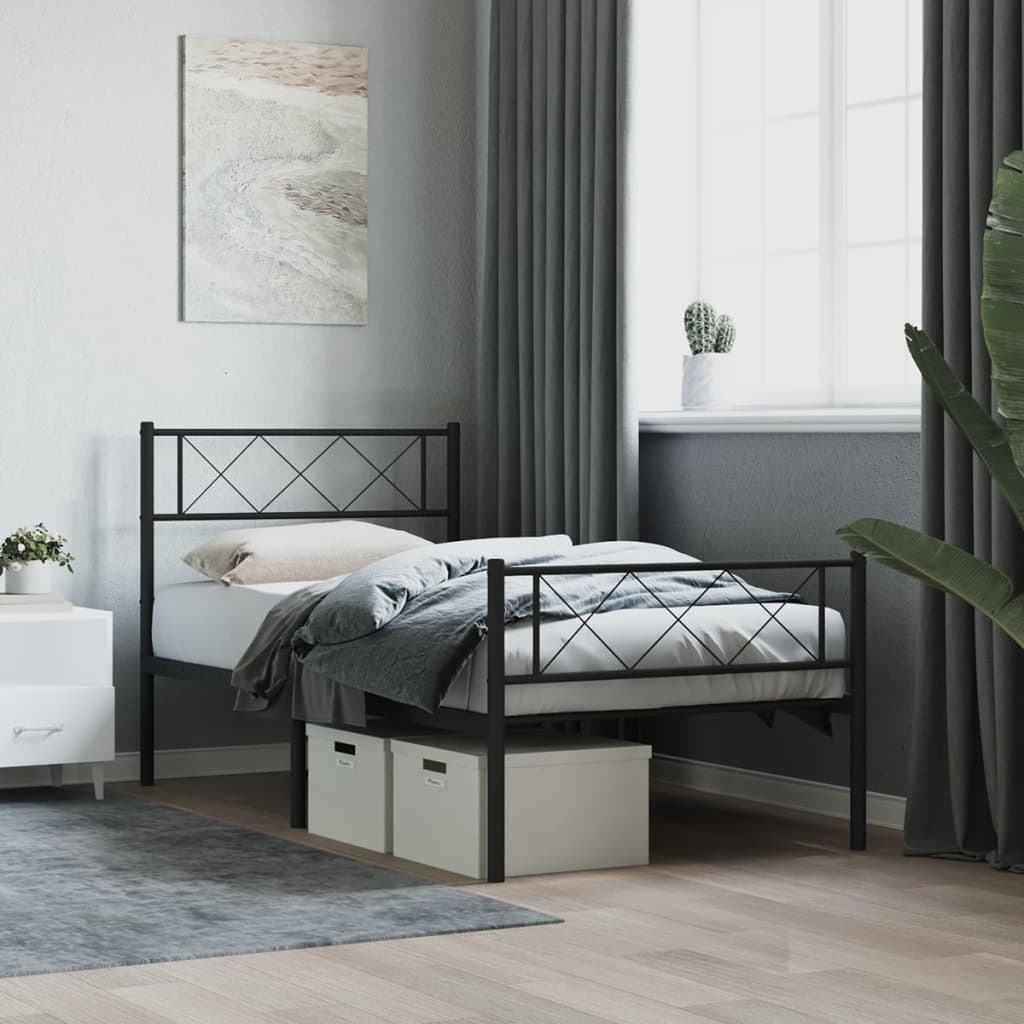 Bedframe met hoofd- en voeteneinde metaal zwart 75x190 cm – afbeelding 1