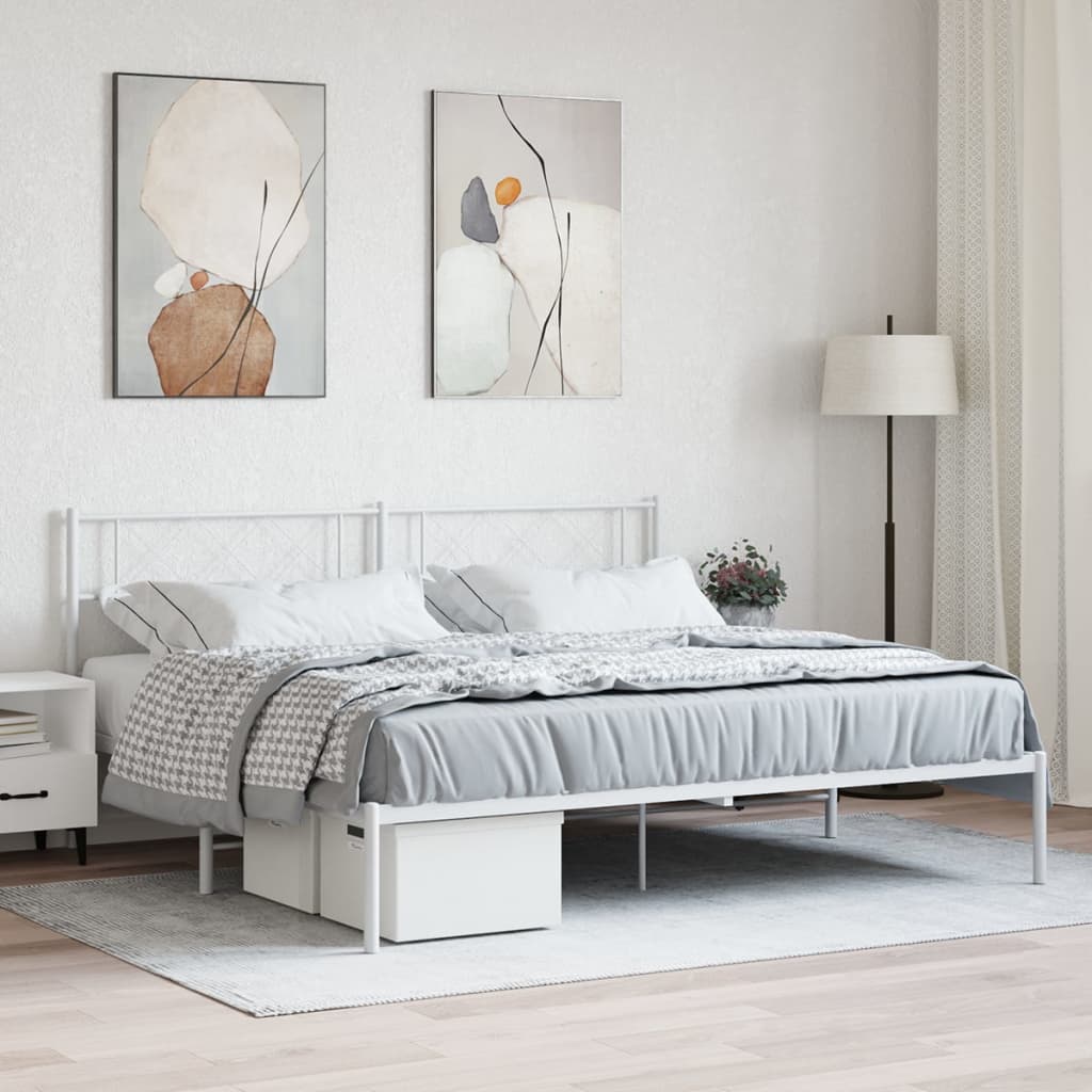 Bedframe met hoofdbord metaal wit 200x200 cm – afbeelding 1