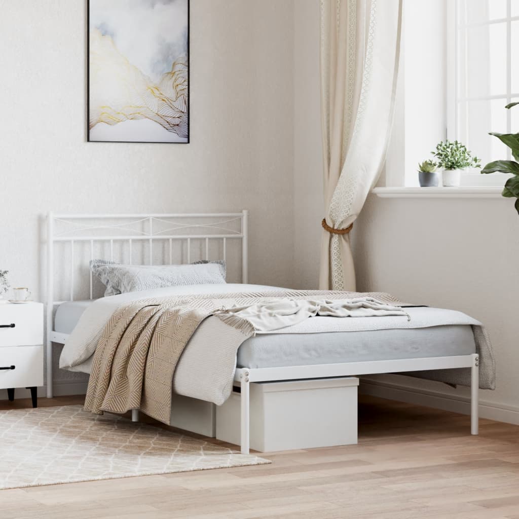 Bedframe met hoofdbord metaal wit 107x203 cm – afbeelding 1