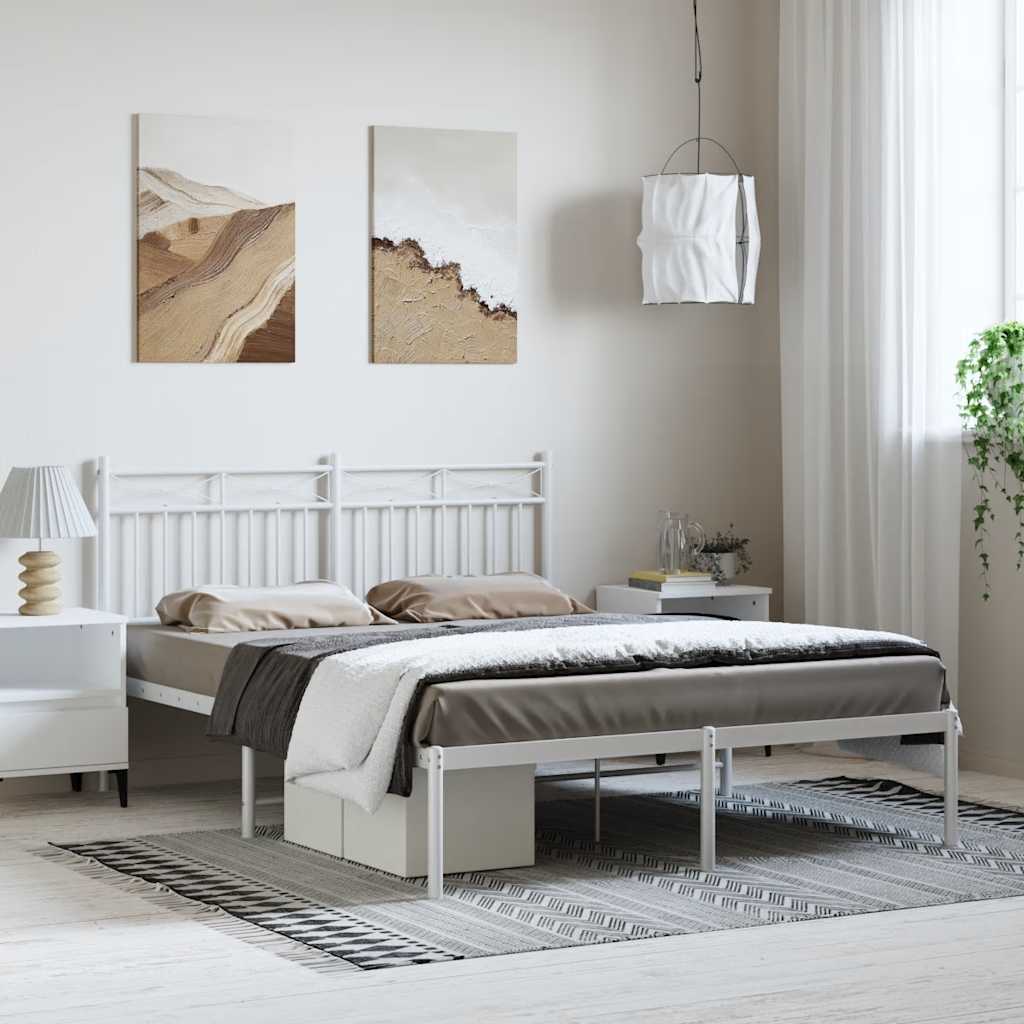 Bedframe met hoofdbord metaal wit 135x190 cm – afbeelding 1