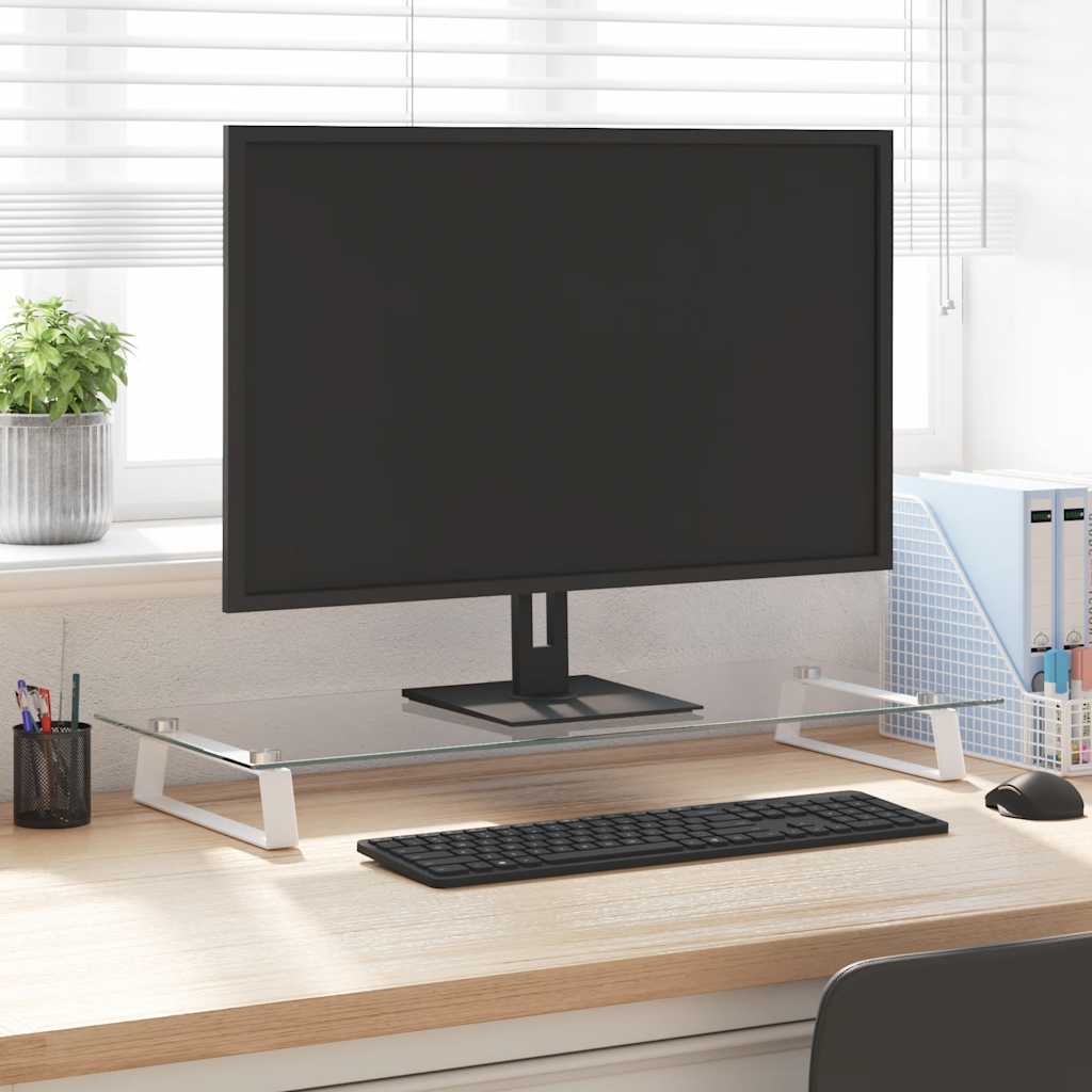Monitorstandaard 80x35x8 cm gehard glas en metaal wit – afbeelding 1