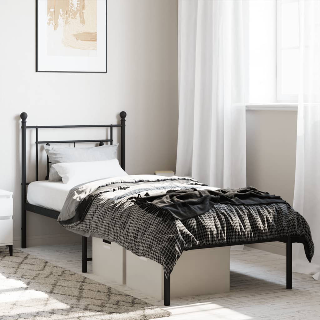 Bedframe met hoofdbord metaal zwart 75x190 cm – afbeelding 1