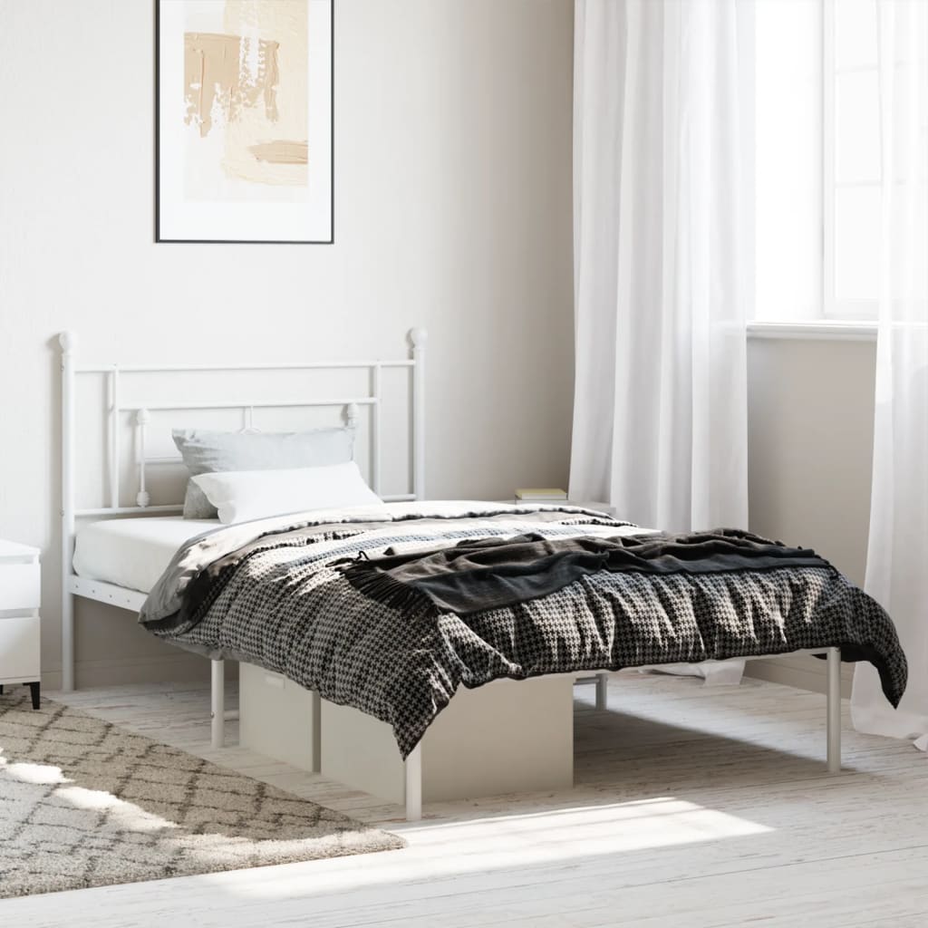 Bedframe met hoofdbord metaal wit 107x203 cm – afbeelding 1