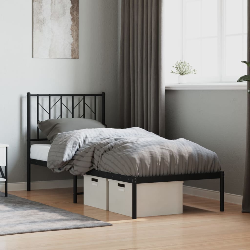 Bedframe met hoofdbord metaal zwart 75x190 cm – afbeelding 1