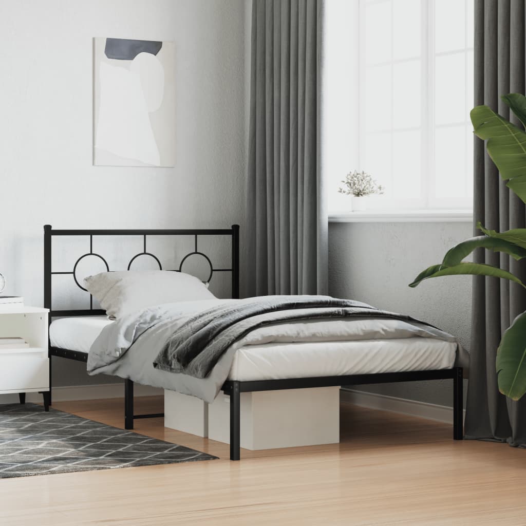 Bedframe met hoofdbord metaal zwart 107x203 cm – afbeelding 1