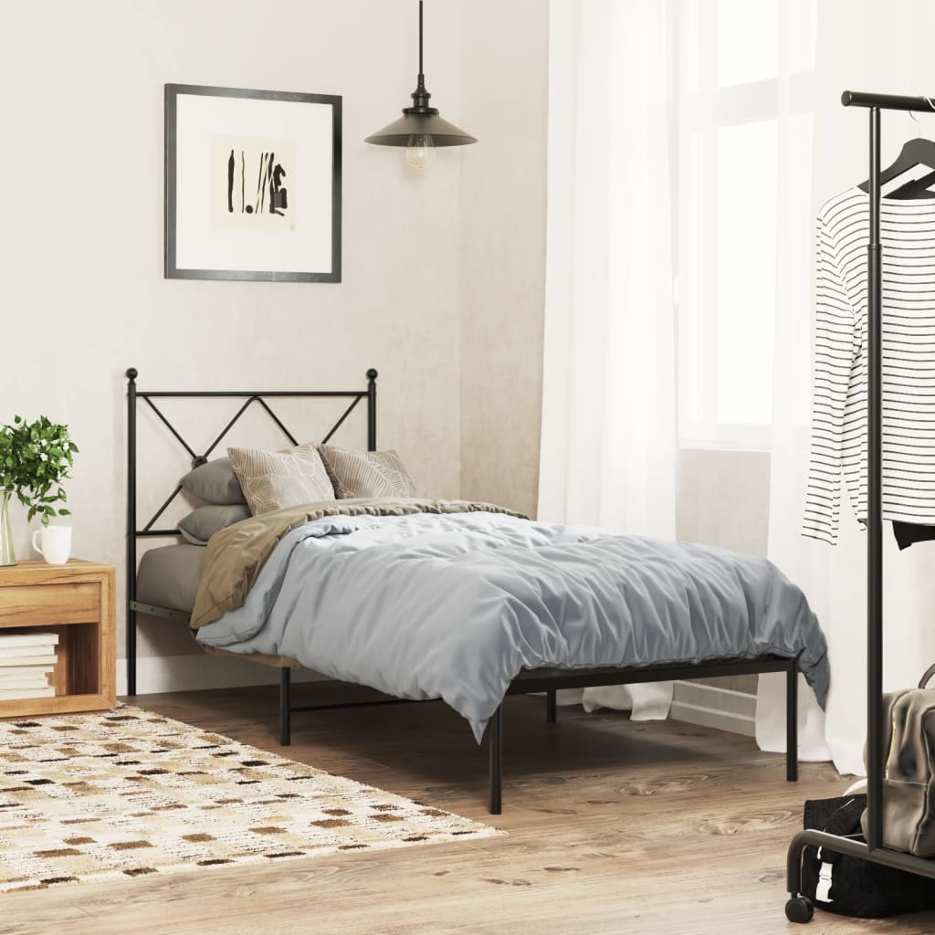 Bedframe met hoofdbord metaal zwart 75x190 cm – afbeelding 1