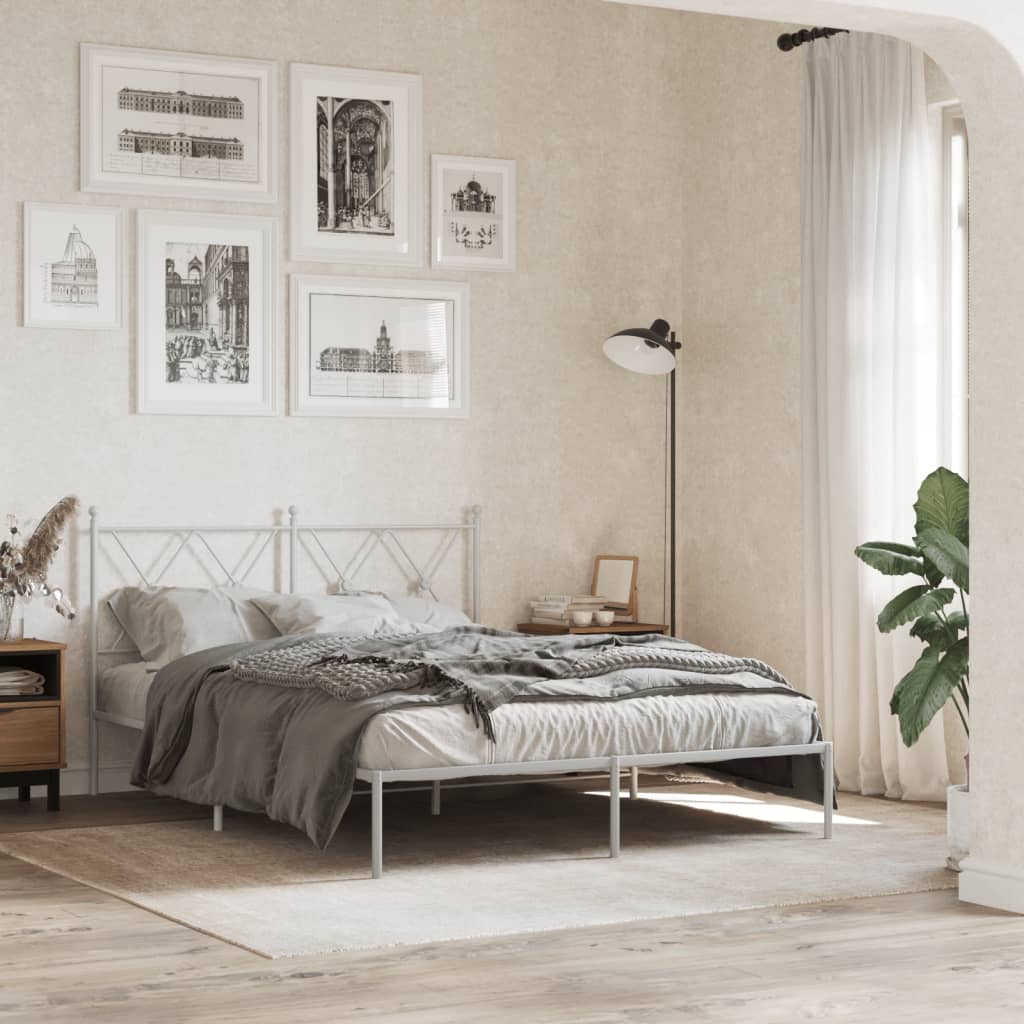 Bedframe met hoofdbord metaal wit 135x190 cm – afbeelding 1