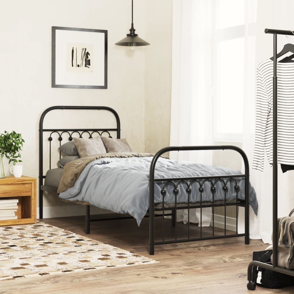 Bedframe met hoofd- en voeteneinde metaal zwart 75x190 cm – afbeelding 1