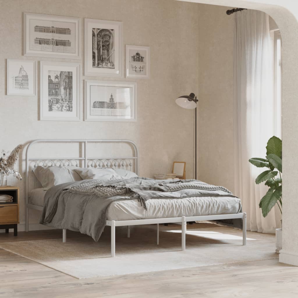 Bedframe met hoofdbord metaal wit 140x200 cm – afbeelding 1