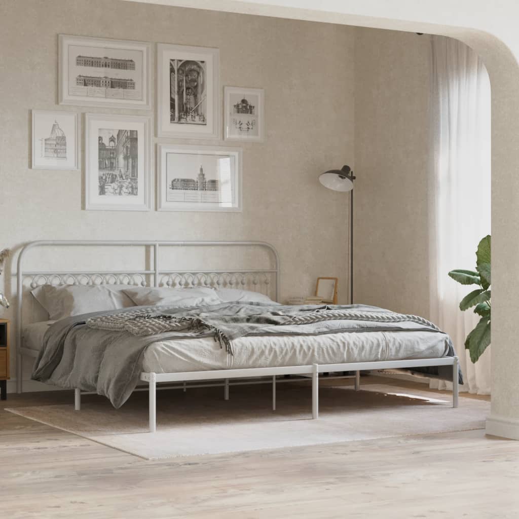 Bedframe met hoofdbord metaal wit 193x203 cm – afbeelding 1