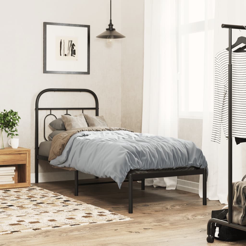 Bedframe met hoofdbord metaal zwart 75x190 cm – afbeelding 1