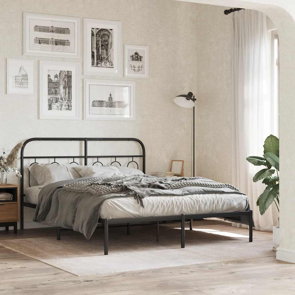 Bedframe met hoofdbord metaal zwart 135x190 cm – afbeelding 1
