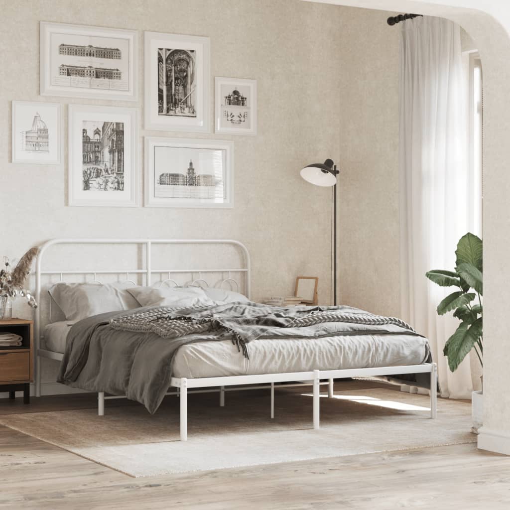 Bedframe met hoofdbord metaal wit 150x200 cm – afbeelding 1