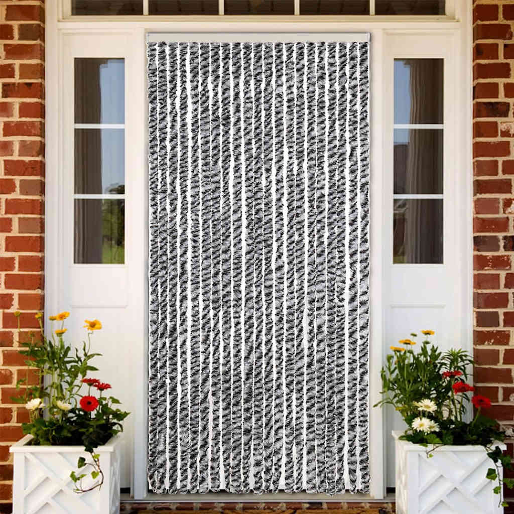 Vliegengordijn 90x200 cm chenille grijs en zwart-wit