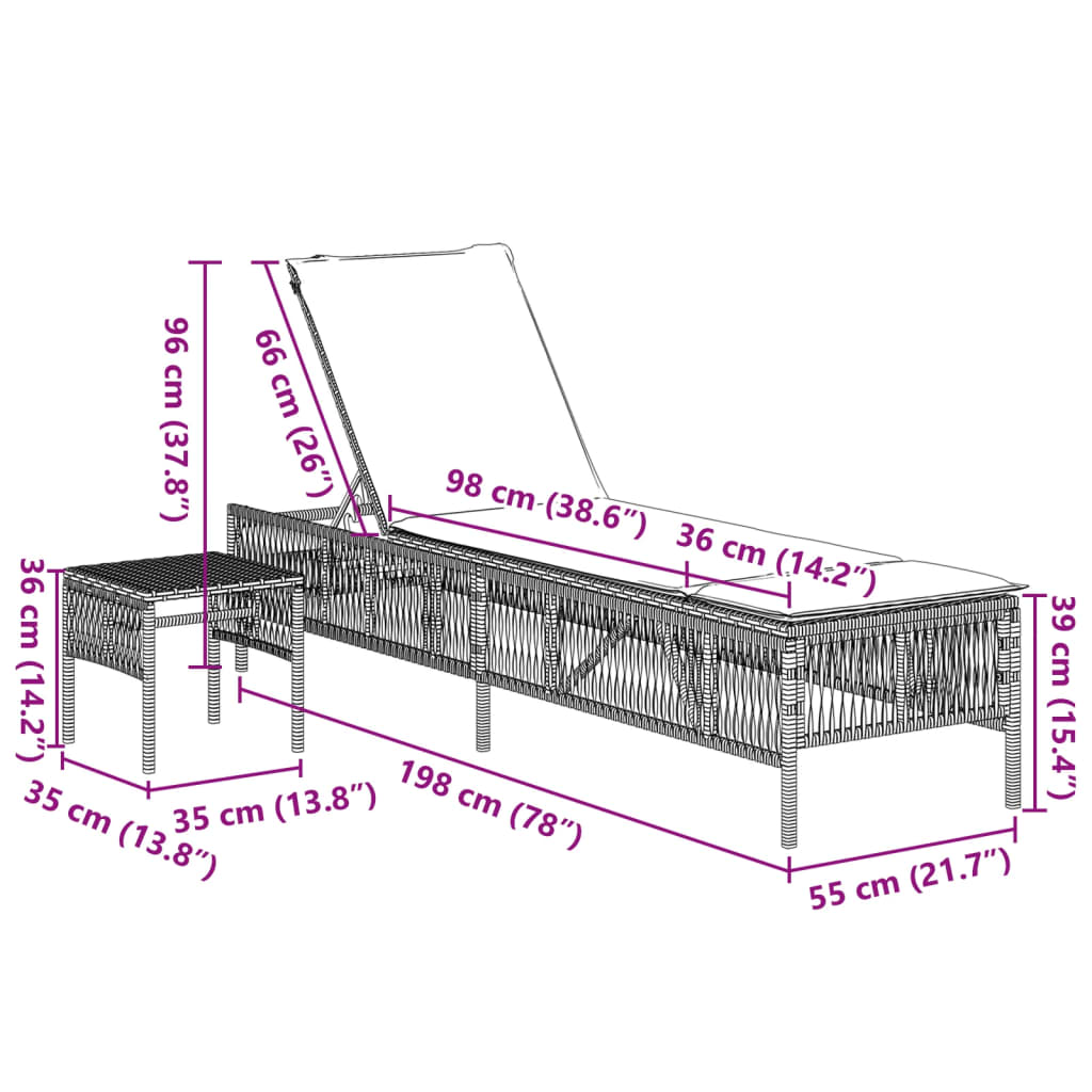 Ligbedden 2 st met tafel poly rattan zwart – afbeelding 11