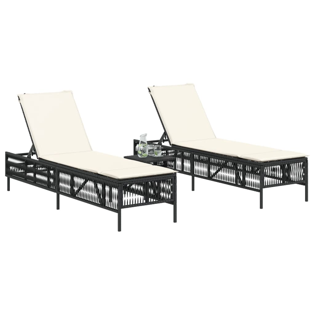 Ligbedden 2 st met tafel poly rattan zwart – afbeelding 3