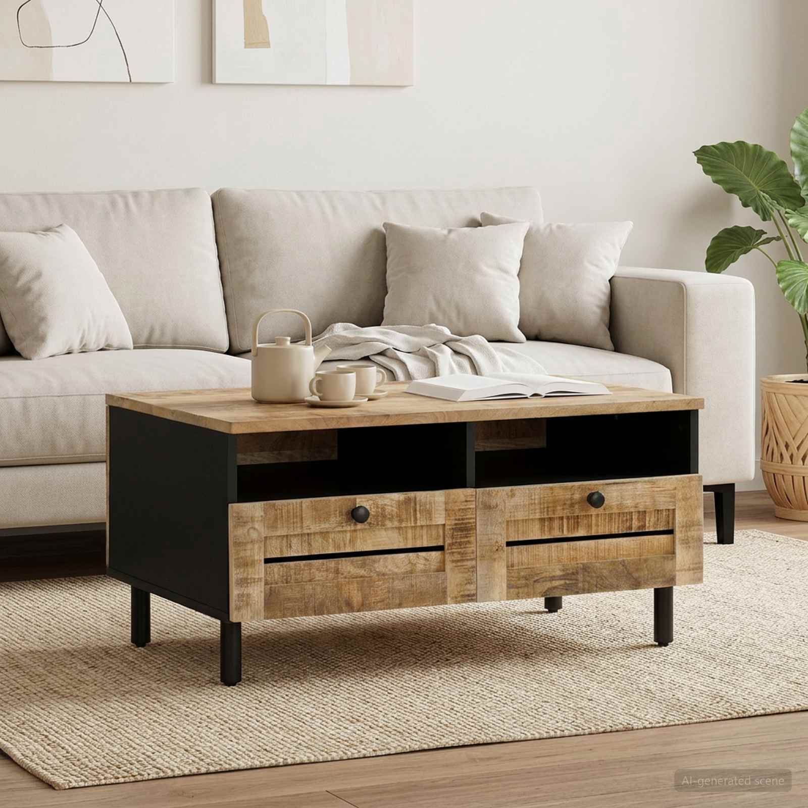 Salontafel Bruin en zwart 80 x 54 x 40 cm Massief Mango Hout – afbeelding 1