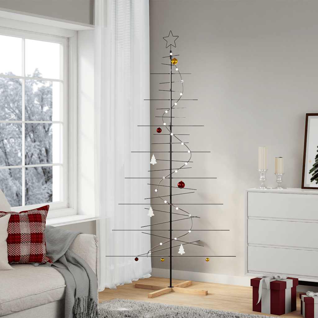 Kerstdecoratie kerstboom met houten basis 210 cm metaal zwart – afbeelding 1
