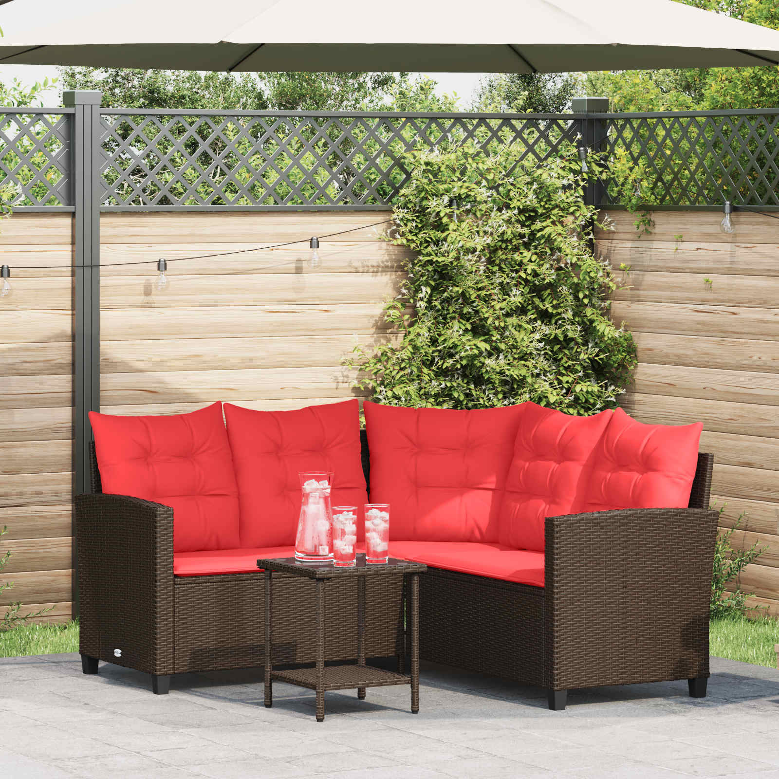 Buiten bankenset met kussen 2 pcs Bruin en Rood poly rattan