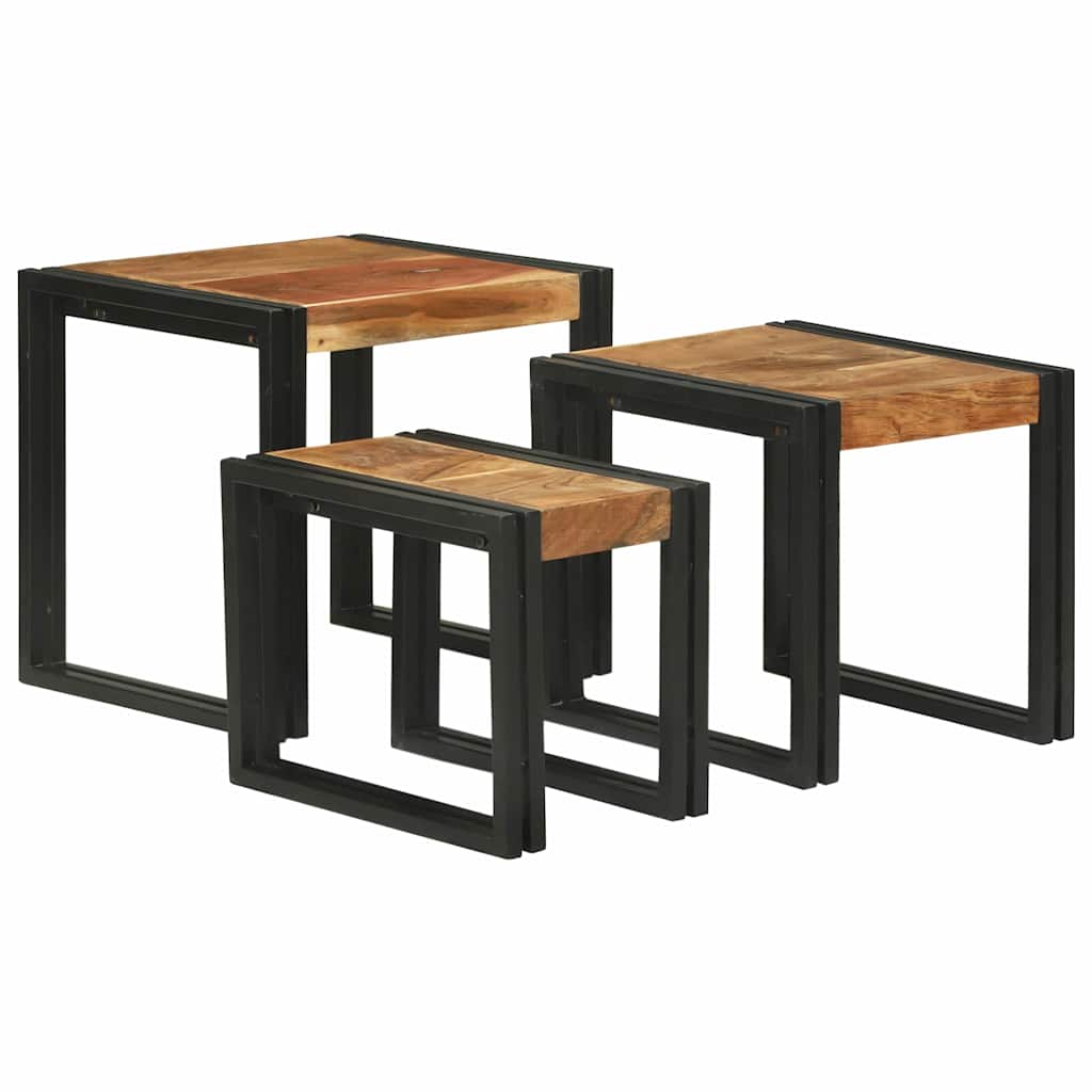 Nesttafel 3 pcs Bruin en zwart Massief acaciahout en metaal – afbeelding 1