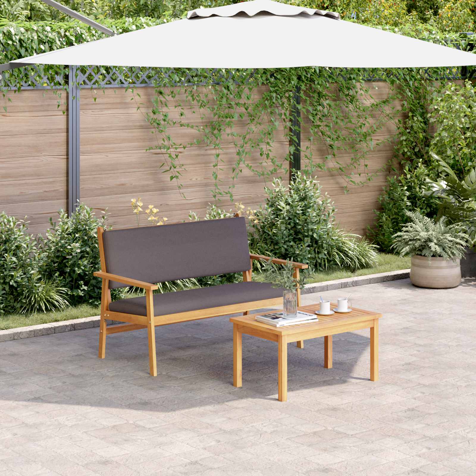 Tuinbankenset met kussen 2 pcs Antraciet Massief Acaciahout – afbeelding 1