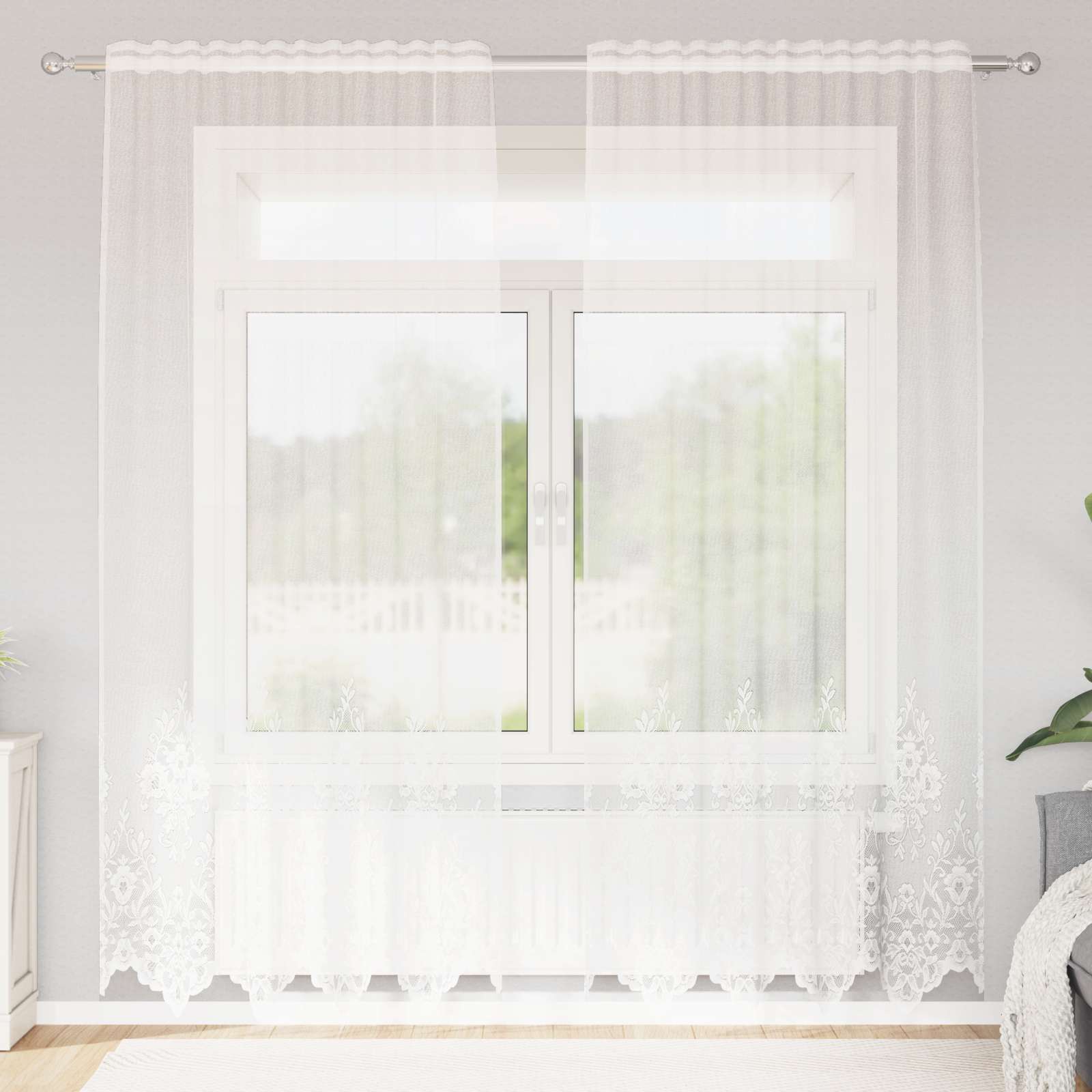 Kantgordijn met gordijnen Bloemen Wit 220x150cm Polyester