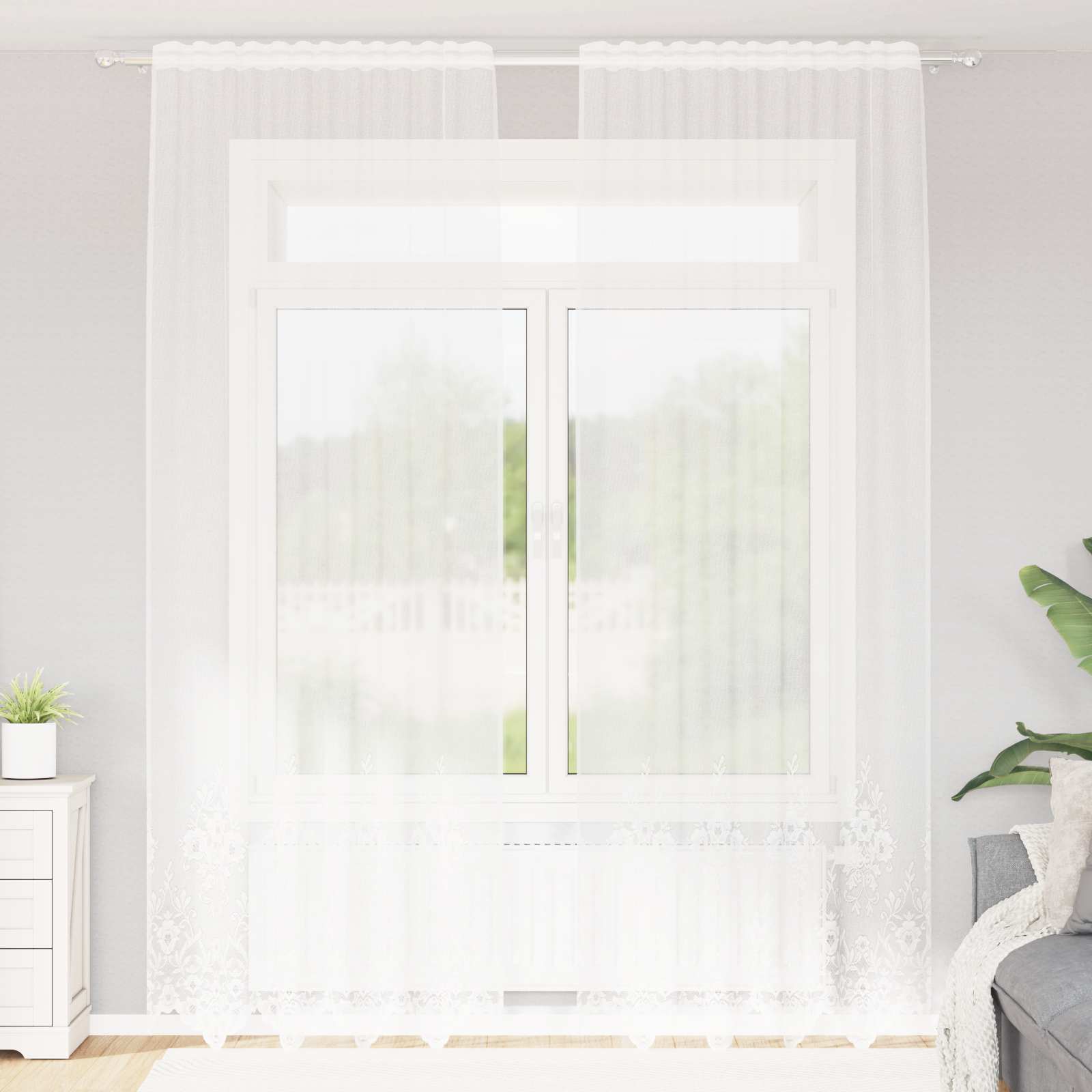 Kantgordijn met gordijnen Bloemen Wit 280 x 150 cm Polyester