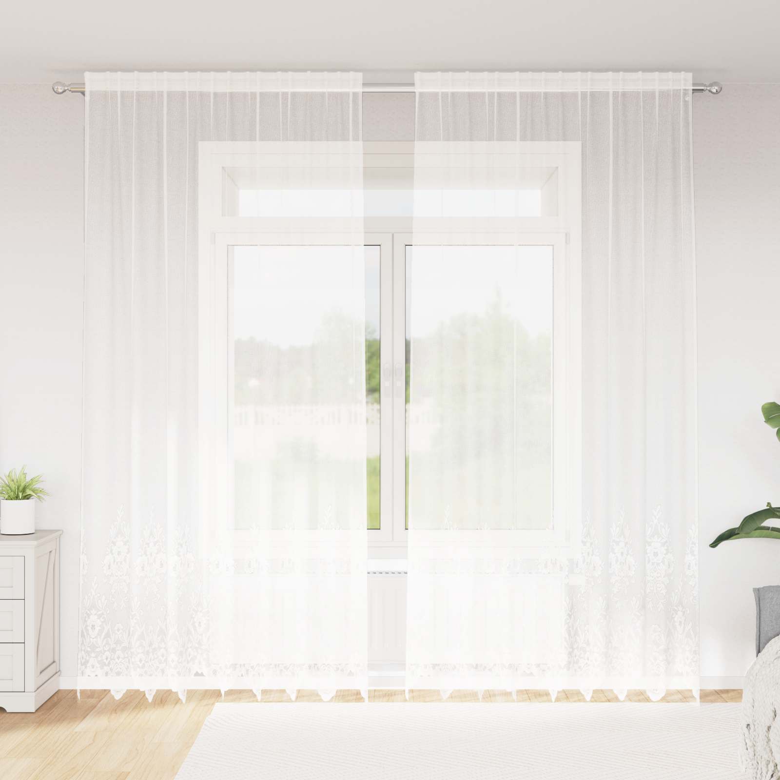 Kantgordijn met gordijnen Bloemen Wit 260x200cm Polyester