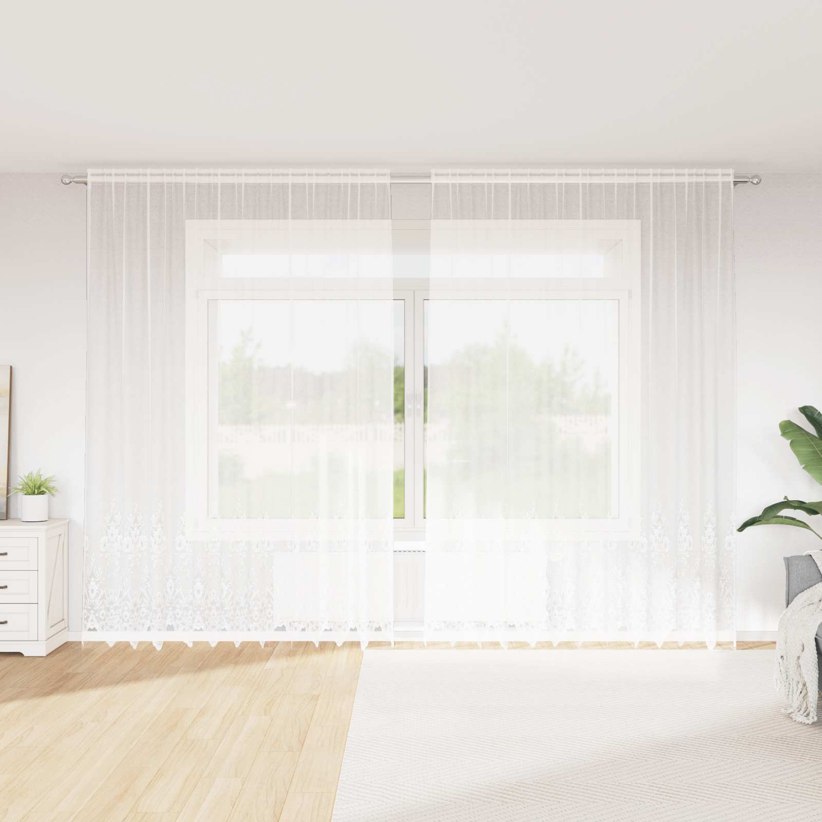 Kantgordijn met gordijnen Bloemen Wit 260 x 300 cm Polyester