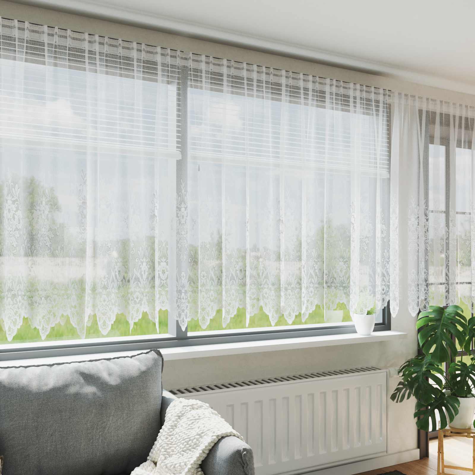 Kantgordijn met gordijnen Bloemen Wit 140 x 400 cm Polyester