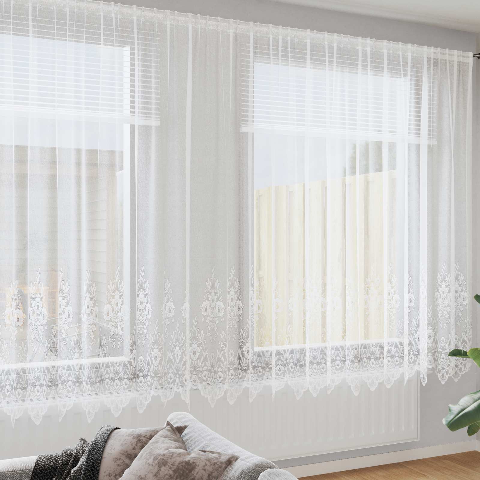 Kantgordijn met gordijnen Bloemen Wit 220 x 400 cm Polyester