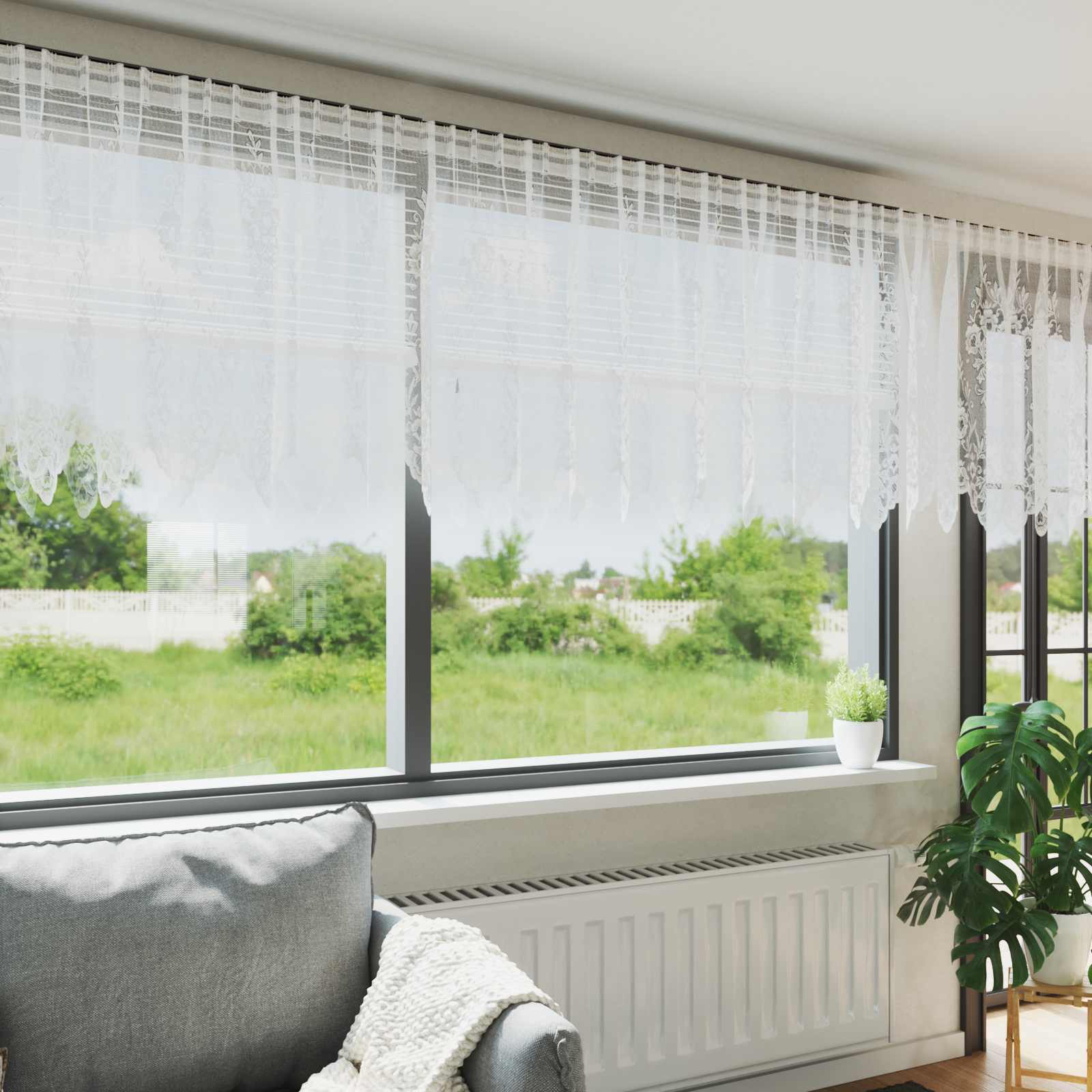 Kantgordijn met gordijnen Bloemen Wit 80 x 1200 cm Polyester