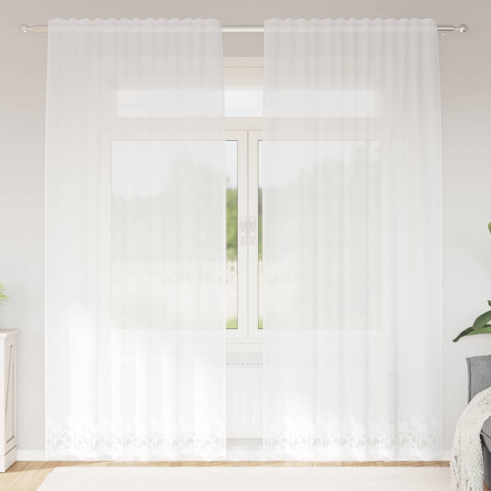 Kantgordijn met gordijnen Bloemen Wit 200 x 150 cm Polyester