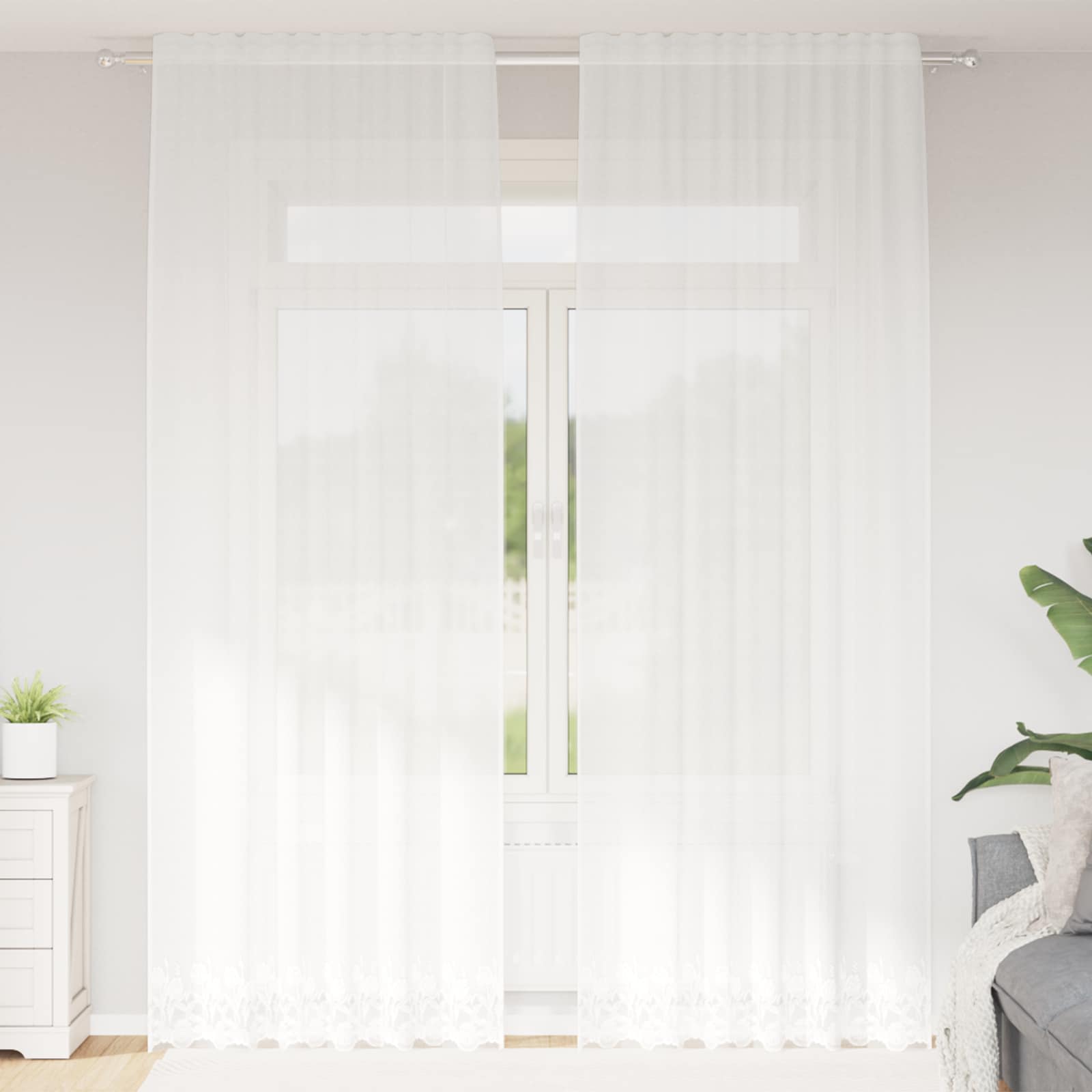 Kantgordijn met gordijnen Bloemen Wit 300 x 150 cm Polyester – afbeelding 1