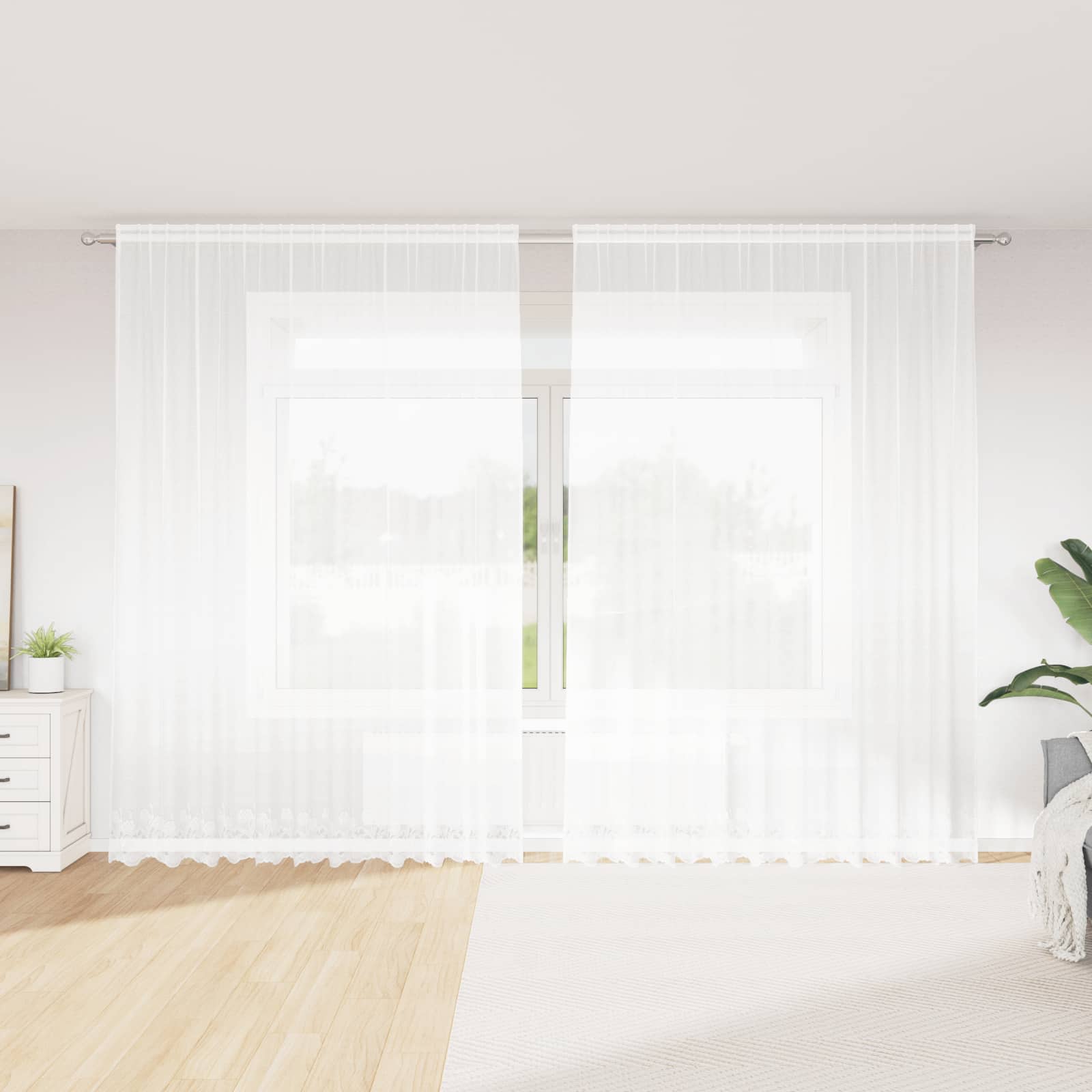 Kantgordijn met gordijnen Bloemen Wit 260 x 300 cm Polyester