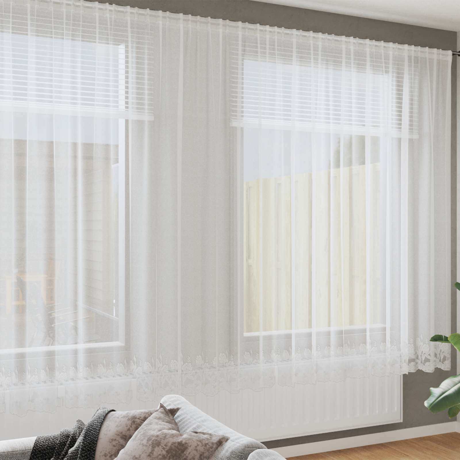 Kantgordijn met gordijnen Bloemen Wit 200 x 400 cm Polyester