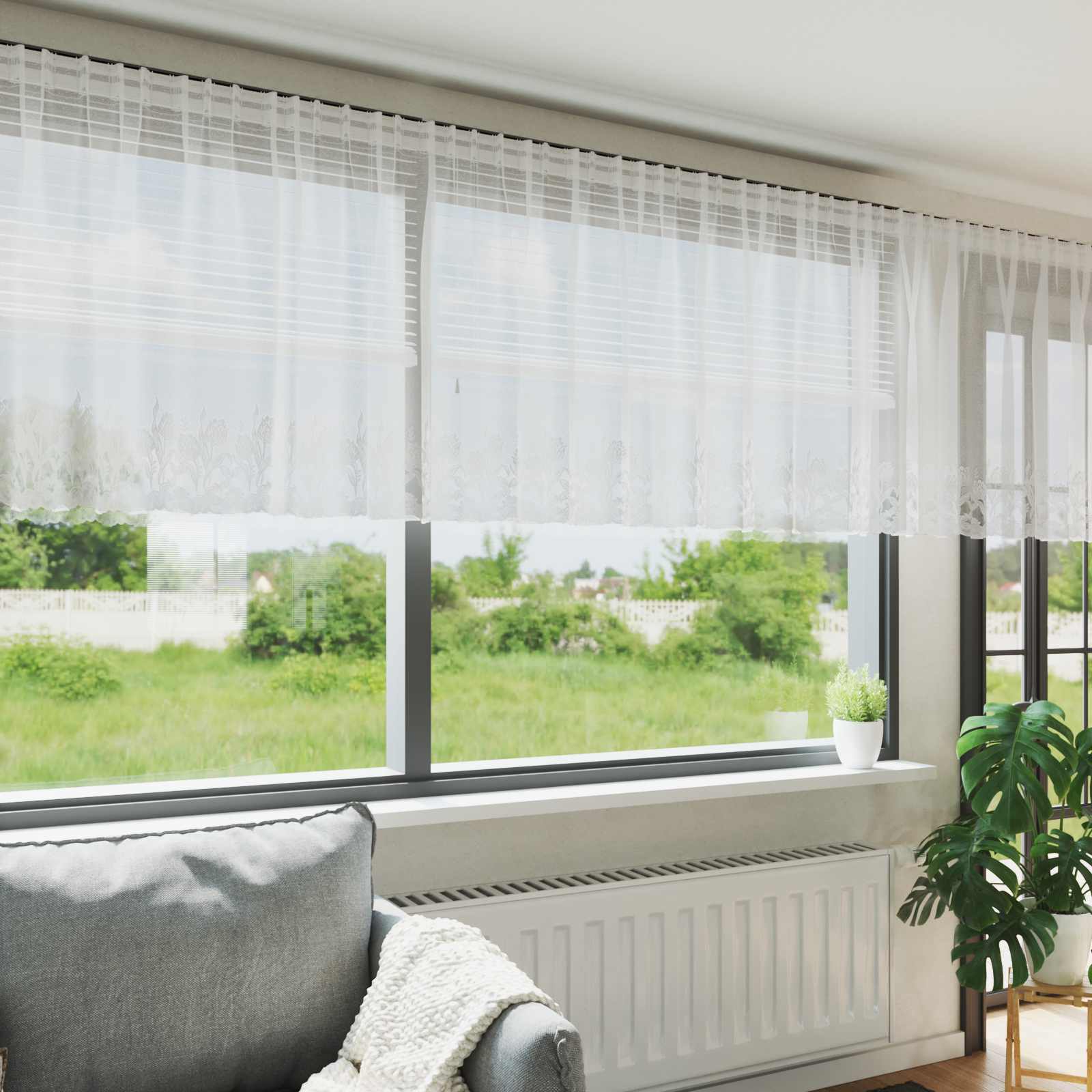 Kantgordijn met gordijnen Bloemen Wit 100 x 500 cm Polyester