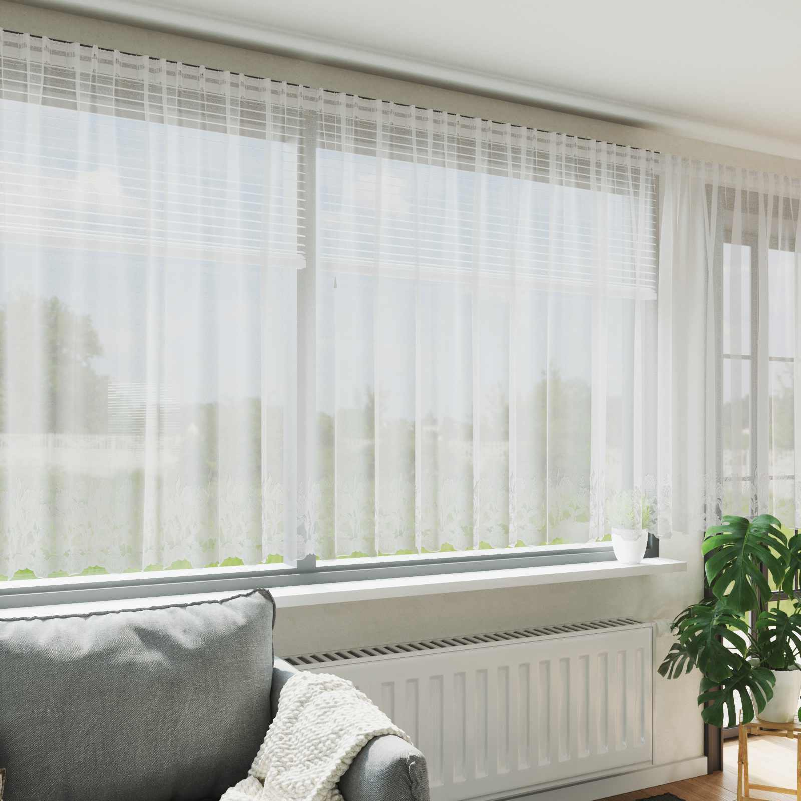 Kantgordijn met gordijnen Bloemen Wit 140 x 600 cm Polyester